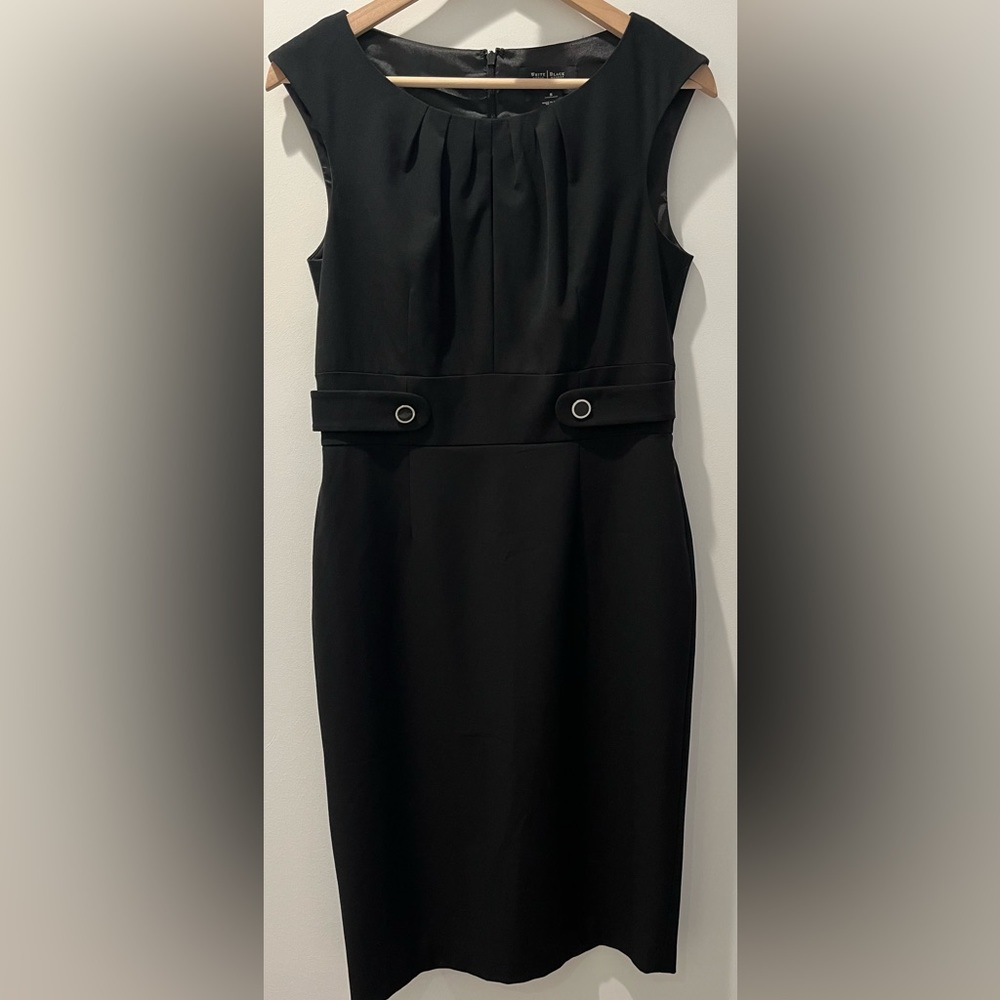 White House Black Market Black Sleeveless Pencil Dress 2 Buttons at Waist Size 8